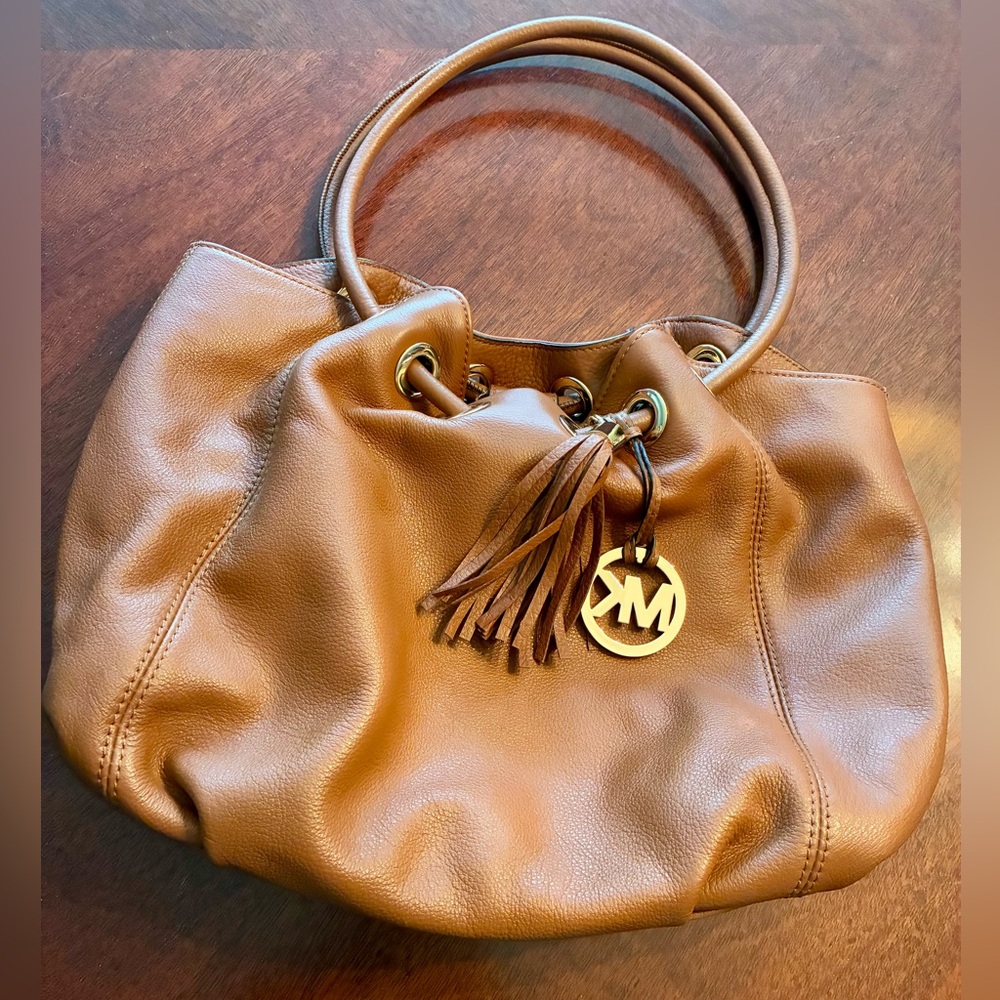 Michael Kors Cognac Pebbled Leather Shoulder Bag Tassel Charm